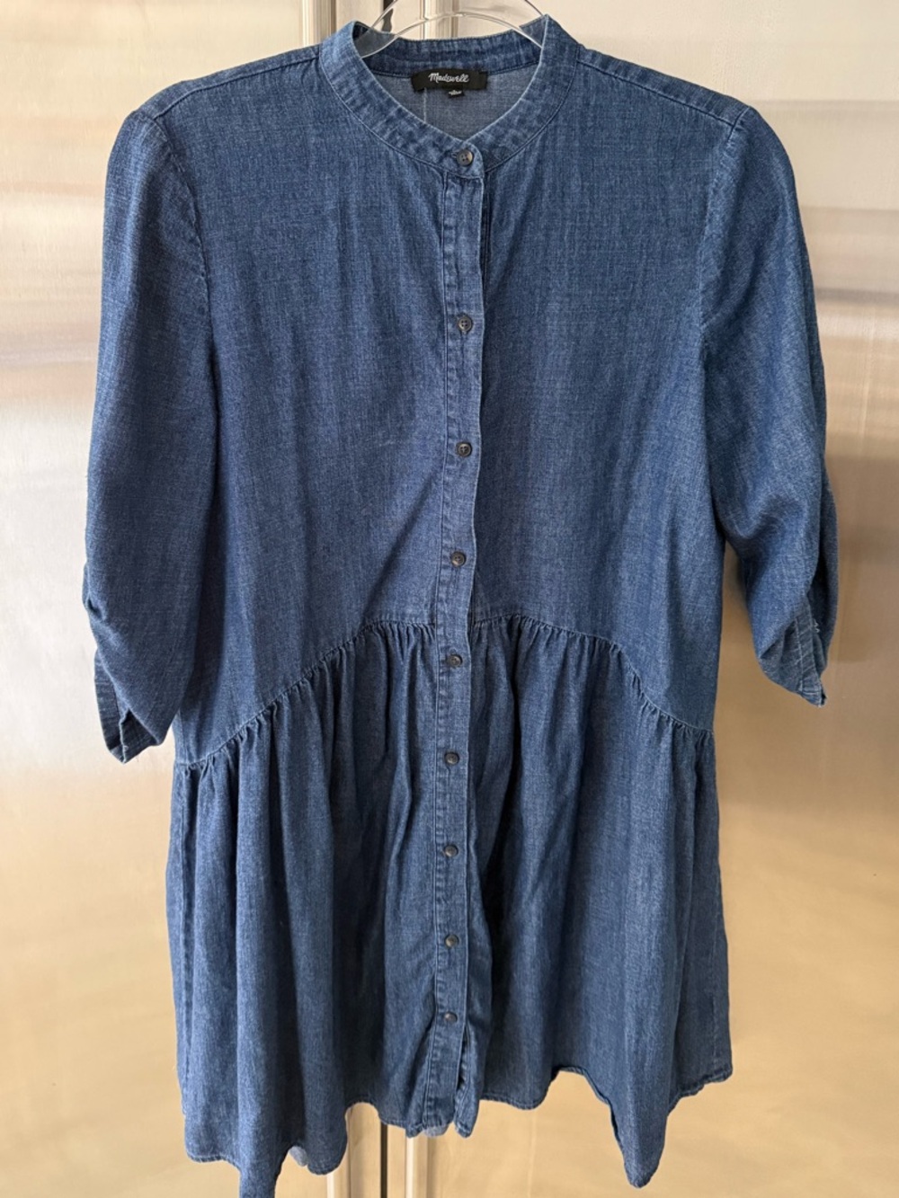 Madewell Denim Shirt Dress Small Blue Lyocell Cotton Button Front Tiered Casual